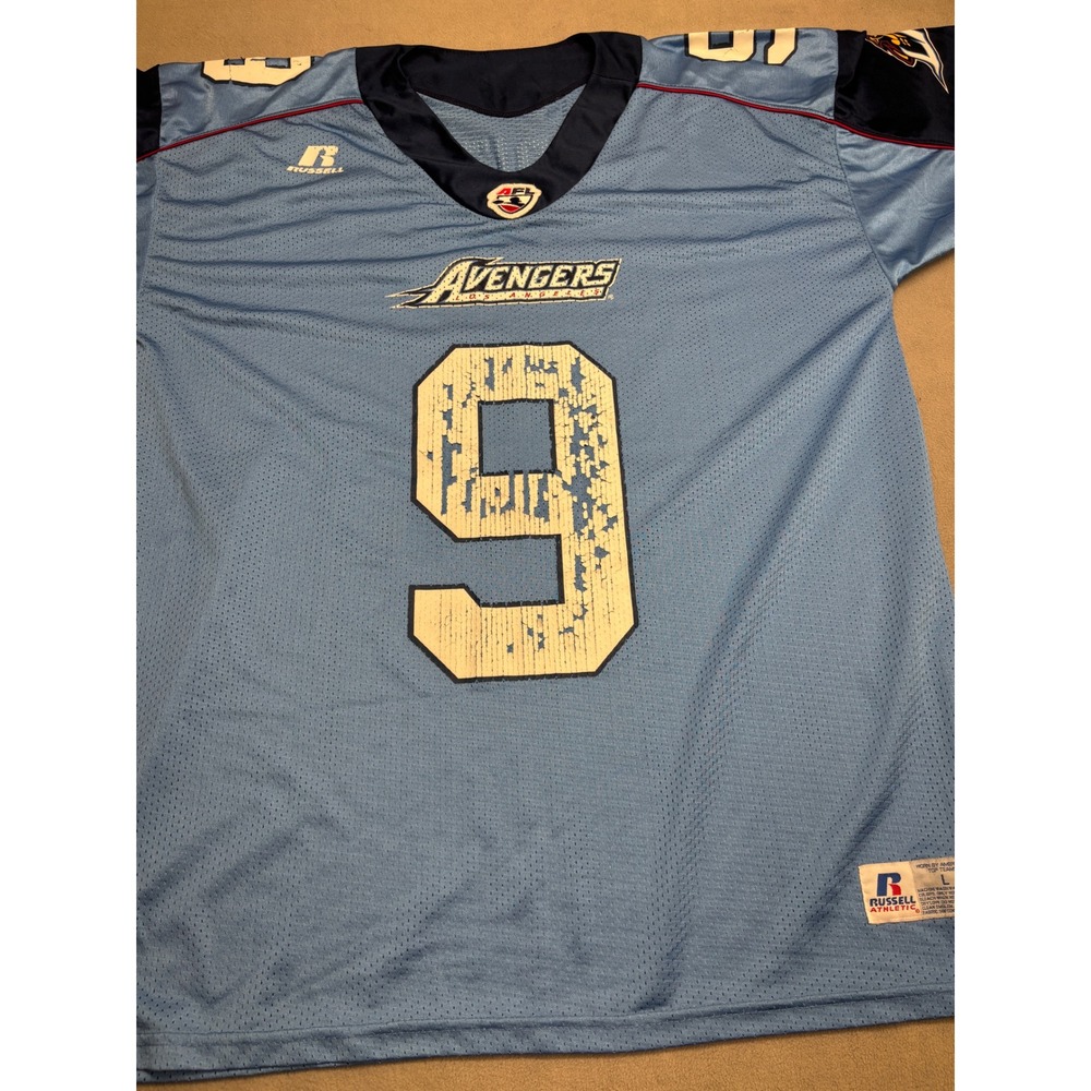 Los Angeles Avengers AFL Jersey Light Blue Brit 9 Mens Large Russell Athletic